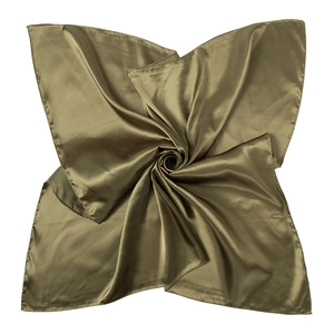 Close-up of olive green satin square scarf showing smooth texture and elegant silk sheen