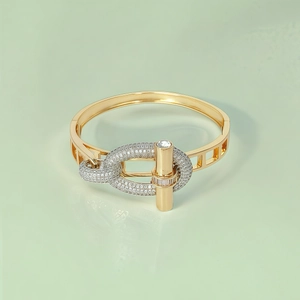 Luxury gold OT buckle bangle with pavé zircon stones and hollow checkered design