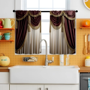 Detailed view of kitchen curtains with red valance, beige fabric, and gold tassel trim