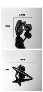 Détail de boucles d'oreilles punk grenade et étoile en acier inoxydable noir mat