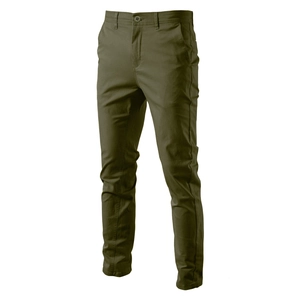 Detail of high-quality dark olive men's chino trousers with fine twill fabric texture