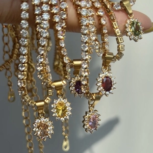 Elegant 18k gold plated necklace with multi-color oval zircon pendant and halo design