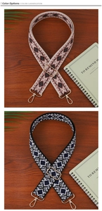 Detail of adjustable wide canvas shoulder straps with ethnic patterns and gold metal hooks