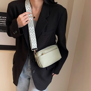 Women Crossbody Bag Square Shoulder Purse PU Leather Canvas Wide Geometric Strap Multiple Zipper Pockets Simple Style
