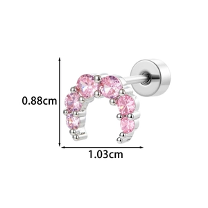 Silver crescent moon earring with pink zircons measuring 0.88cm by 1.03cm size