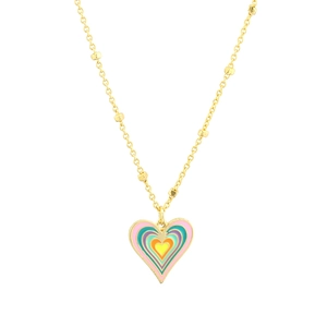 Minimalist golden heart necklace with colorful enamel pendant on white background