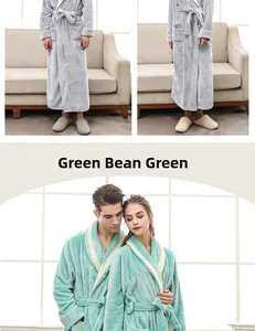Thick flannel bathrobe detail featuring soft pea green fabric and warm couple lounge set