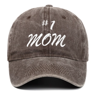 Close-up of #1 MOM white embroidery on a vintage brown washed cotton baseball cap
