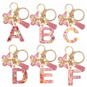 Resin Initial Alphabet Keychain With Heart Sequins Pink Butterfly Charm Tassel For Women Girls Bag Accessories Fashion