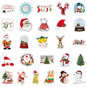 Flat lay of Christmas stickers set with Santa Claus, snowmen and festive trees on white back