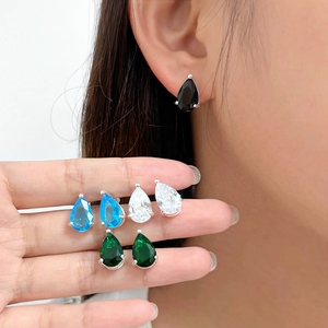 Elegant 925 silver water drop stud earrings with cubic zirconia in four classic colors