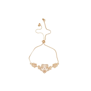Elegant adjustable gold flower bracelet featuring zircon-encrusted rose and leaf motifs