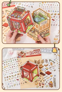 Detailed macro view of 3D miniature shop stickers featuring PET paper DIY craft scenes