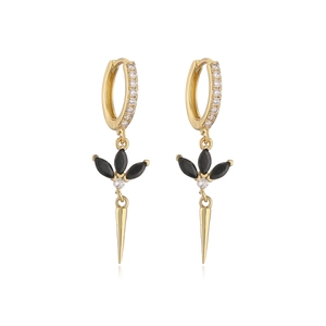 Detail of 18K gold plated earring with black marquise gems and sharp cone tassel pendant