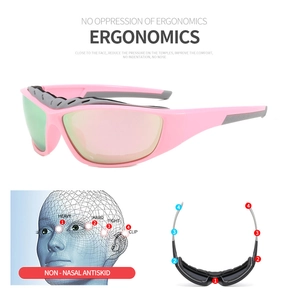 Ergonomic design of sports sunglasses with mercury red lenses and pink pressure-relief frame
