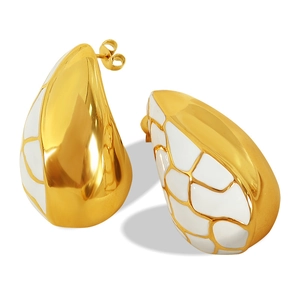Boucles d'oreilles vintage françaises en forme de goutte, métal doré et émail blanc