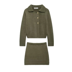 Maglia Donna Poliestere Autunno Inverno Cardigan Con Revers E Minigonna Verde Militare Casual