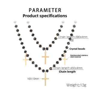 Detailed view of black crystal beaded necklace with cross pendant showing size parameters