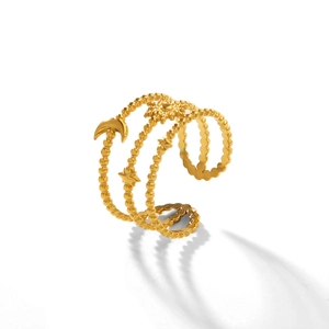 18K gold-plated stainless steel triple-layer ring with celestial star and moon motifs