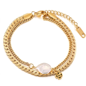 Double Layer Stainless Steel Bracelet With Artificial Baroque Pearl And Hollow Flower Pendant Adjustable Trendy Jewelry For Women