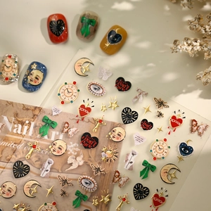 Vintage nail stickers with retro heart, moon face, clock, and butterfly illustrations