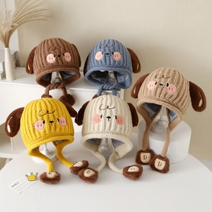 Winter knitted puppy hat for kids with ear flaps and cute cartoon 3D ears in five colors