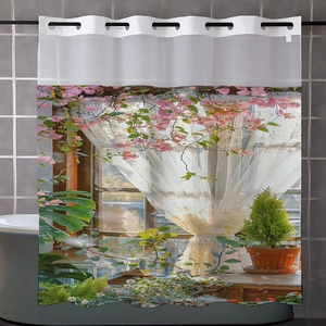 Detail of garden scenery printed shower curtain with metal eyelets and translucent top