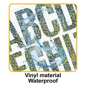 Macro shot of waterproof glitter vinyl letter stickers with dynamic water splashes