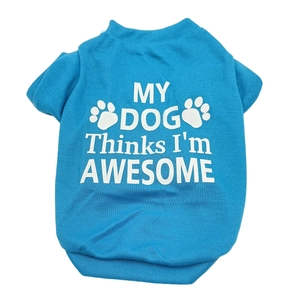 Close-up of blue cotton dog t-shirt featuring MY DOG Thinks I'm AWESOME print
