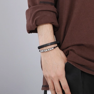 Men's punk leather bracelet with stainless steel beads and magnetic clasp in black and silver