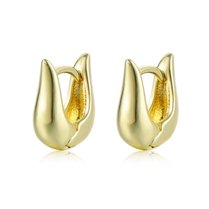 Polished gold U-shaped hoop earrings with a sleek geometric drop design on white background