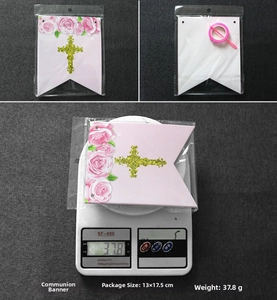 Pink God Bless banner packaging with rose and cross detail, weight 37.8g, size 13x17.5cm
