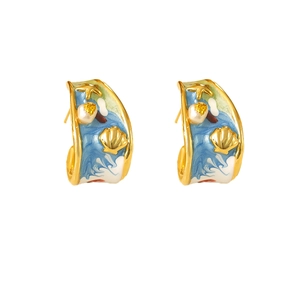 Retro C-shaped ocean hoop earrings with blue enamel waves, golden starfish, and small pearl