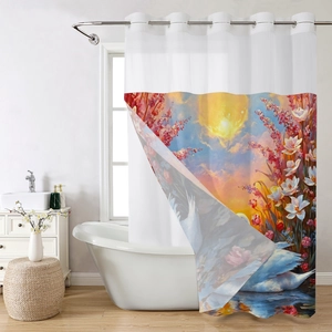 Rideau de douche artistique avec cygne et fleurs en polyester imperméable style peinture