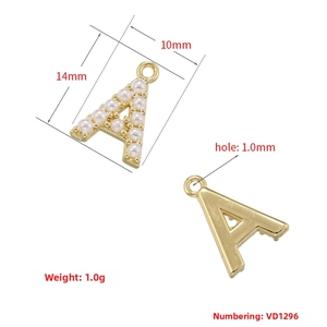 Detail view of 18K gold plated letter A pendant with faux pearls and size dimensions