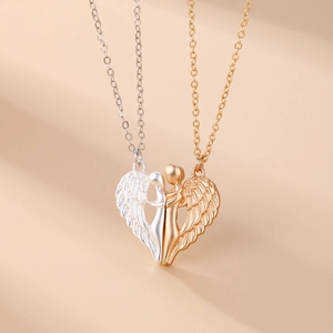 Couples heart pendant necklace with gold and silver angel wings for Valentines gift