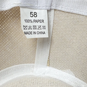 Detail of internal sweatband and wash label showing 100% paper straw material