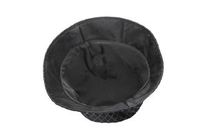 Detail view of the black bucket hat inner lining and diamond lattice texture edge