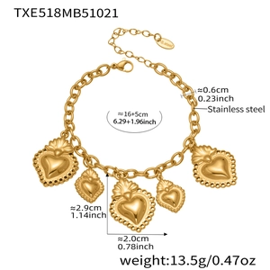 Bracelet cœur en acier doré avec mesures détaillées et spécifications de taille