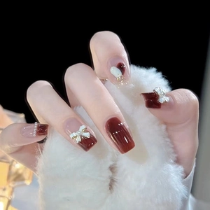 Handmade Press On Nails Burgundy French Square False Nails With Bow Artificial Pearl Heart Elegant Fashion For Women Reusable