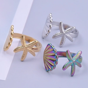 Minimalist starfish and seashell open adjustable rings in gold silver and rainbow finishes