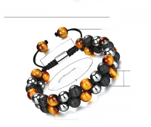 Vista dettagliata del bracciale regolabile in occhio di tigre ed ematite con misure