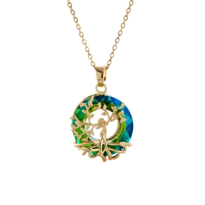 Golden Tree of Life necklace with blue and green gradient crystal pendant on white background