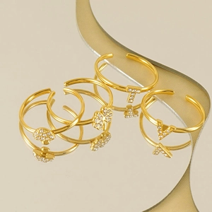 Minimalist 18K gold plated stainless steel open rings with zircon stones in various styles