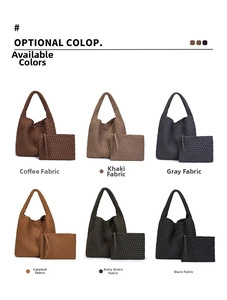 Handwoven neoprene tote set showing six color variants with matching zipper pouches