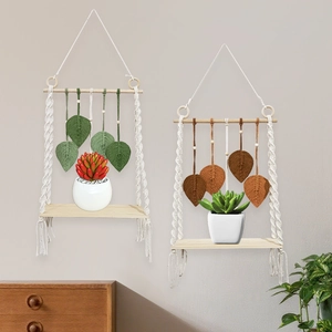 Étagère Murale Bohème Corde En Coton Tissée À La Main Et Bois Décor Macramé À Gland De Feuille Pour Salon Chambre Crèche