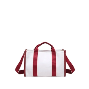 Large capacity canvas tote bag in off-white with contrasting burgundy handles and shoulder strap