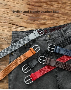 Close-up of braided elastic waist belts in multiple colors with metallic pin buckles