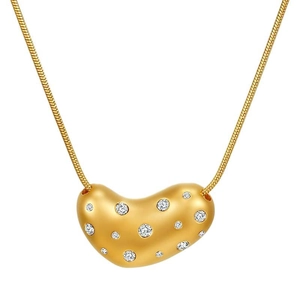 Golden bean pendant necklace with clear crystals and matte finish on a snake chain