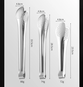 Three sizes of stainless steel food tongs with specific length and weight measurements